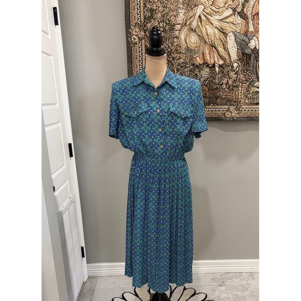 Vintage Leslie Fay Dress Womens 12 Blue Geometric Collaredβ Midi Shirt Fit Flare